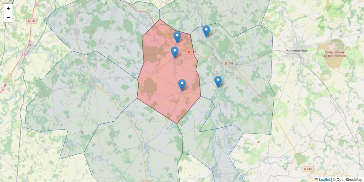 Carte de la zone du code postal  et des codes postaux voisins en France