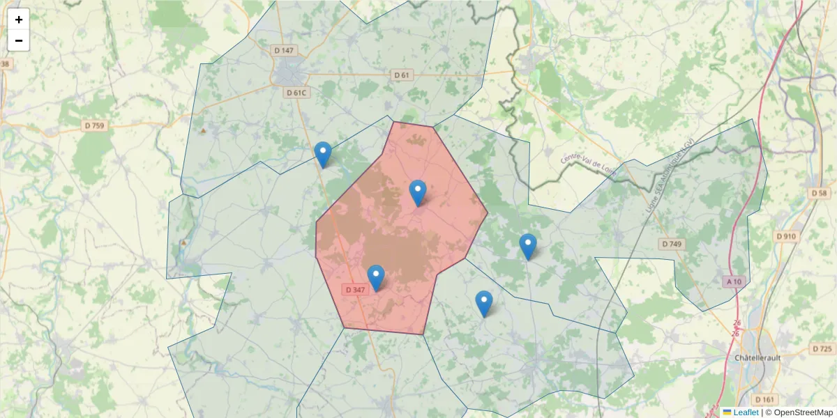 Carte de la zone du code postal  et des codes postaux voisins en France