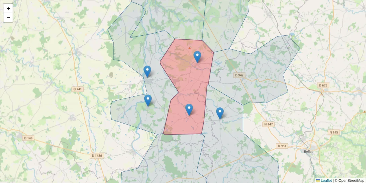 Carte de la zone du code postal  et des codes postaux voisins en France