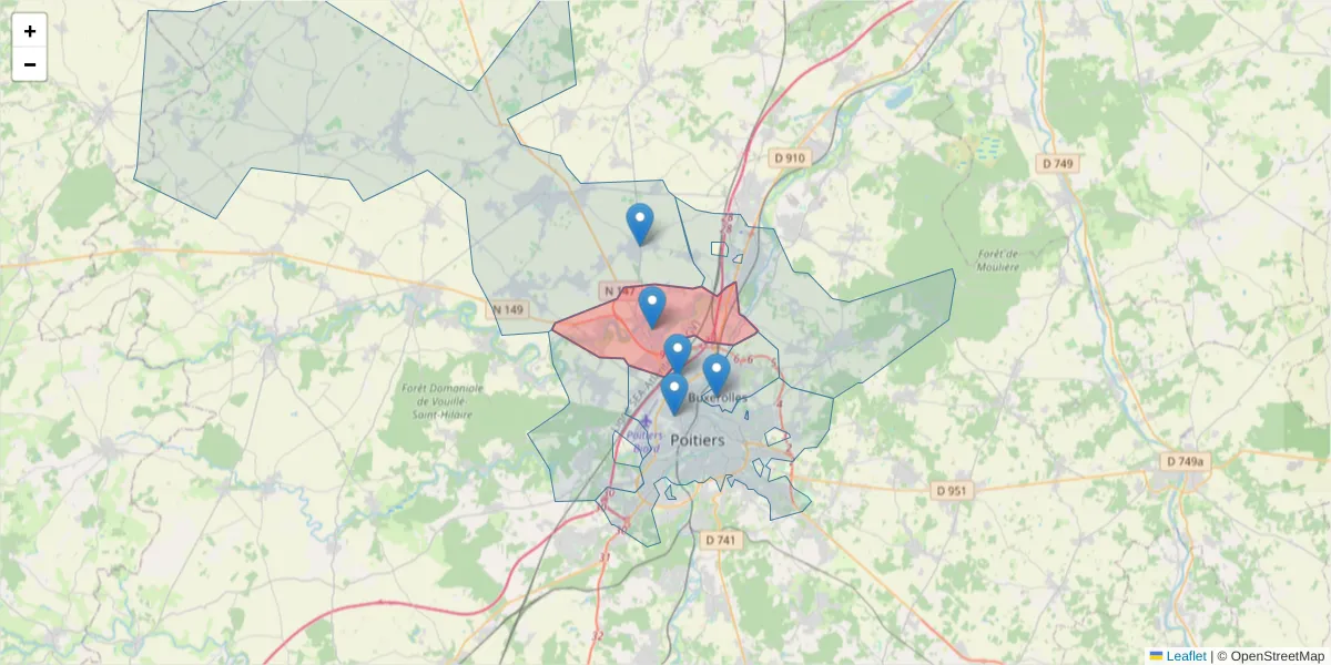 Carte de la zone du code postal  et des codes postaux voisins en France