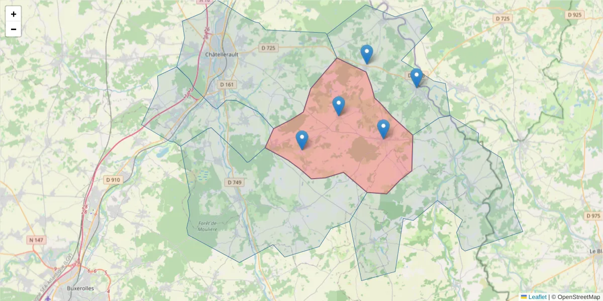 Carte de la zone du code postal  et des codes postaux voisins en France