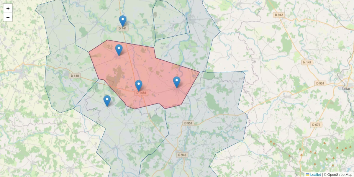 Carte de la zone du code postal  et des codes postaux voisins en France
