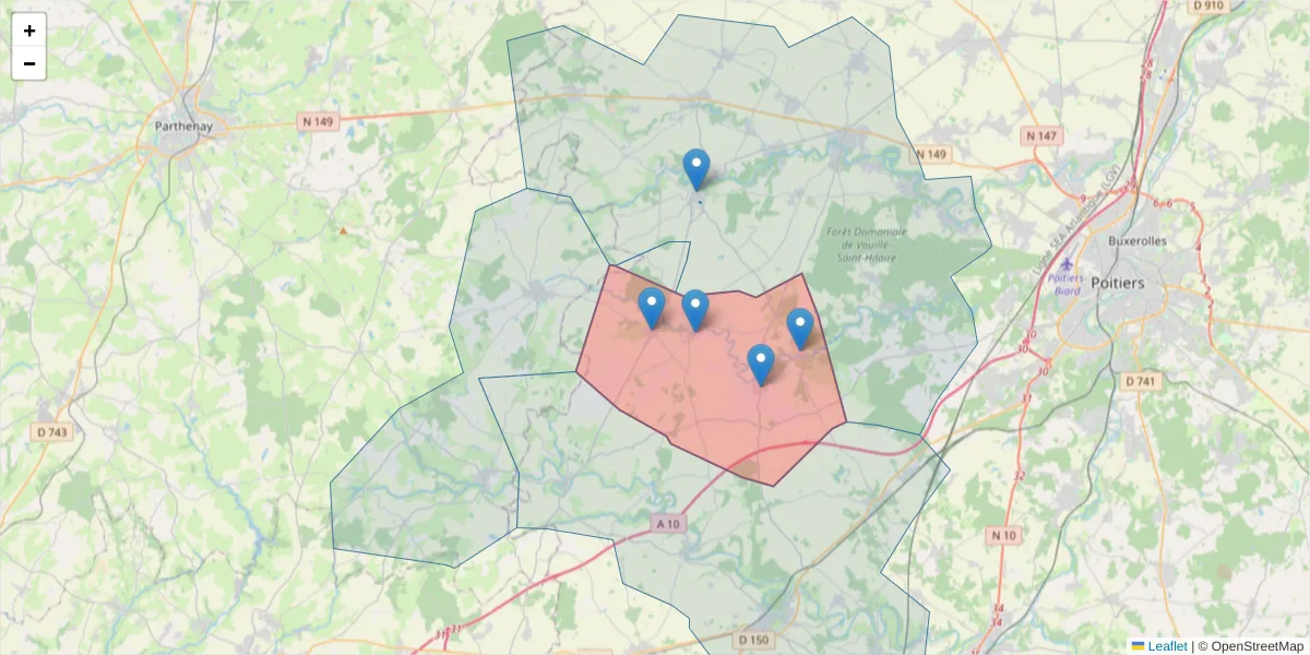 Carte de la zone du code postal  et des codes postaux voisins en France
