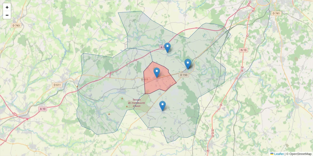 Carte de la zone du code postal  et des codes postaux voisins en France