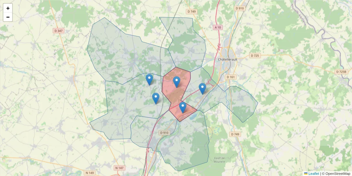 Carte de la zone du code postal  et des codes postaux voisins en France