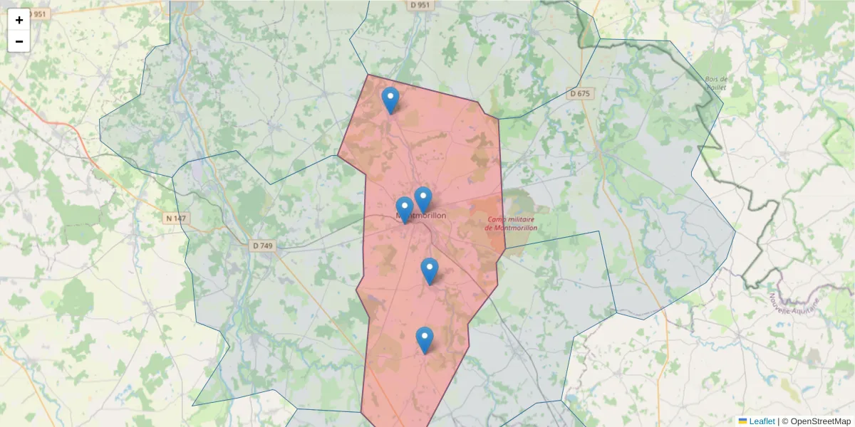 Carte de la zone du code postal  et des codes postaux voisins en France