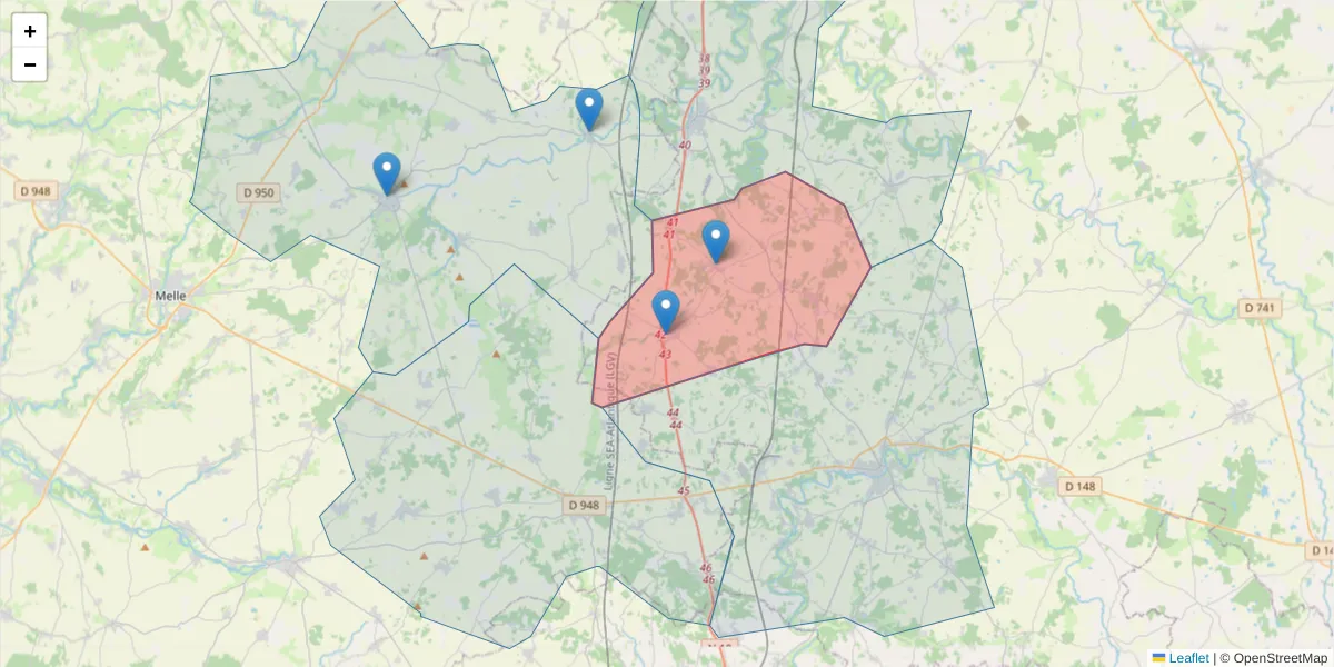 Carte de la zone du code postal  et des codes postaux voisins en France