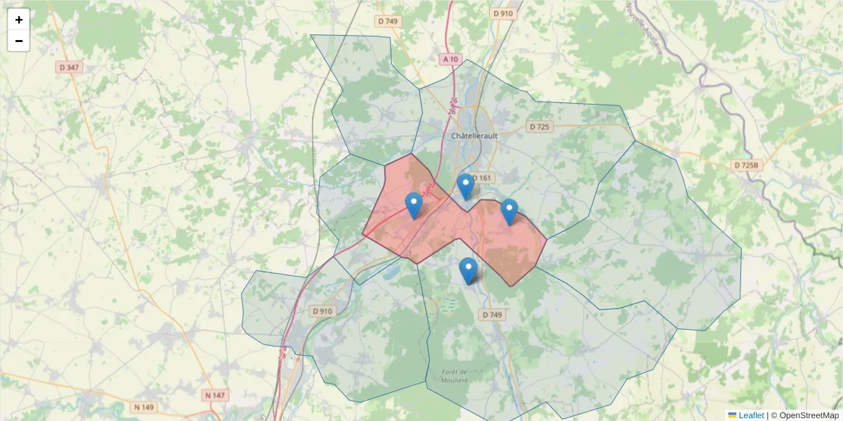 Carte de la zone du code postal  et des codes postaux voisins en France