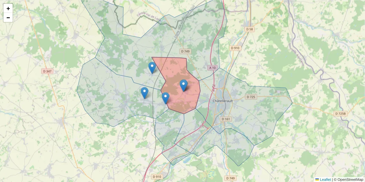 Carte de la zone du code postal  et des codes postaux voisins en France