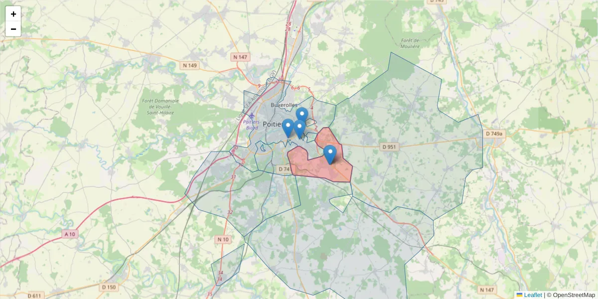 Carte de la zone du code postal  et des codes postaux voisins en France