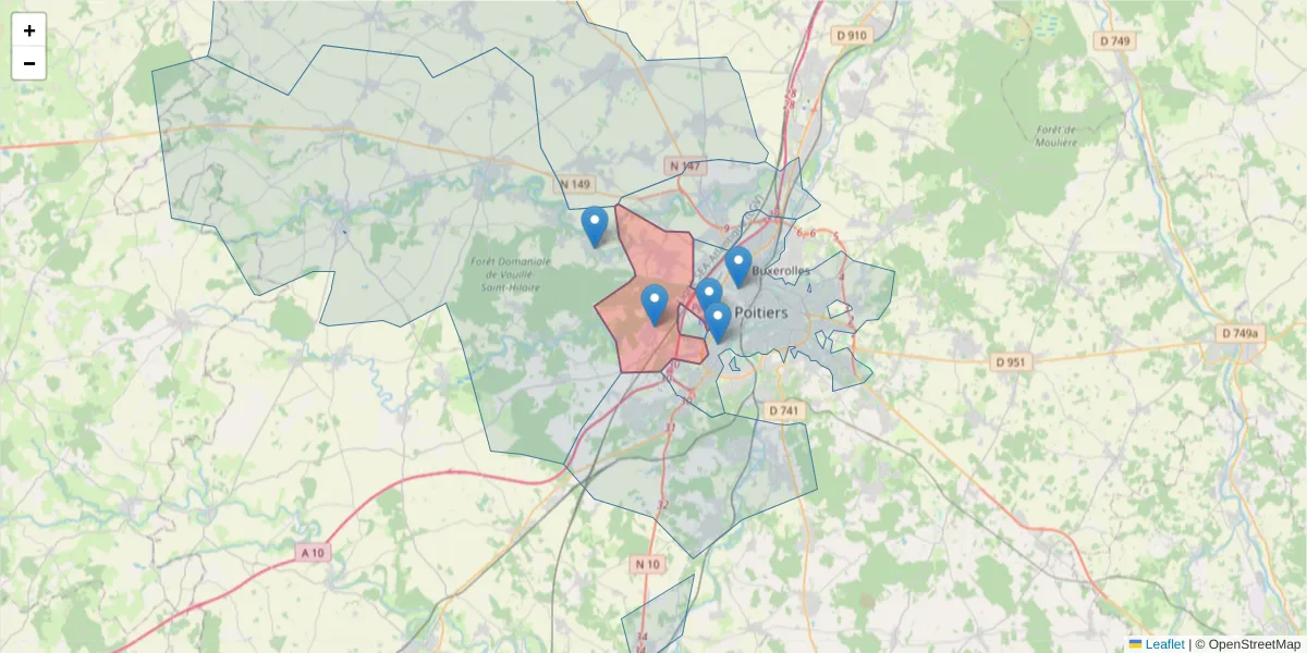 Carte de la zone du code postal  et des codes postaux voisins en France