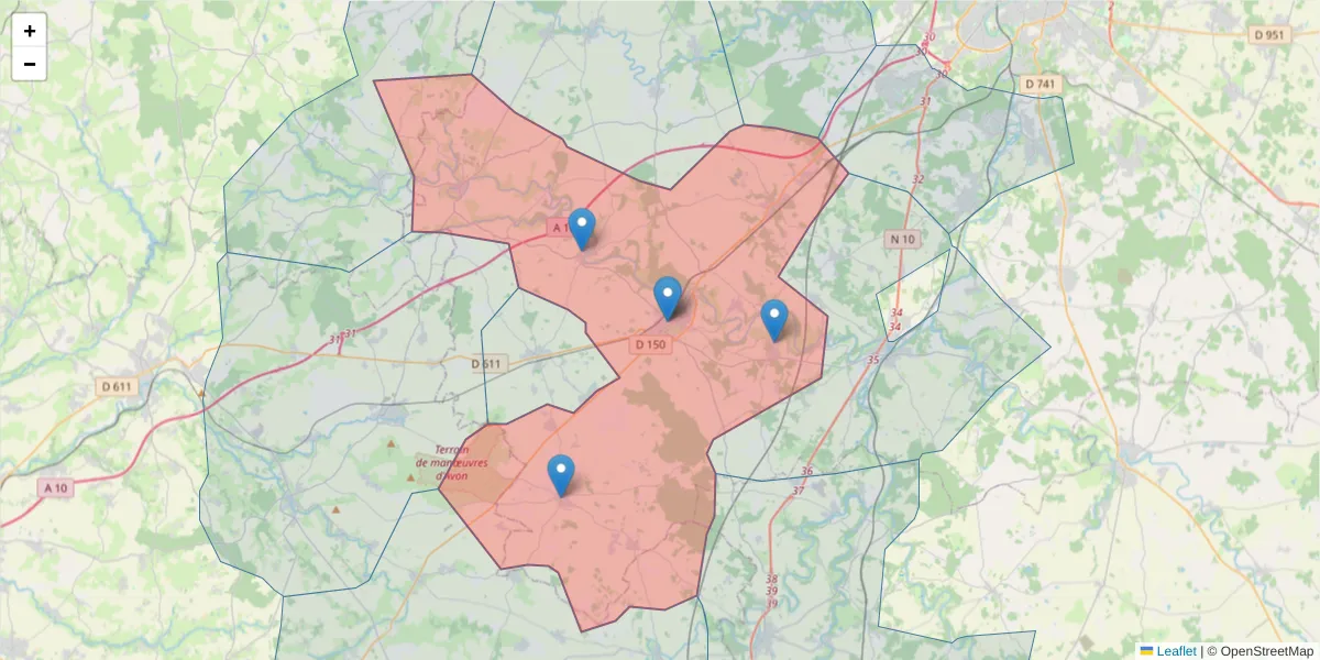 Carte de la zone du code postal  et des codes postaux voisins en France