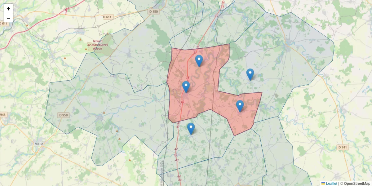 Carte de la zone du code postal  et des codes postaux voisins en France