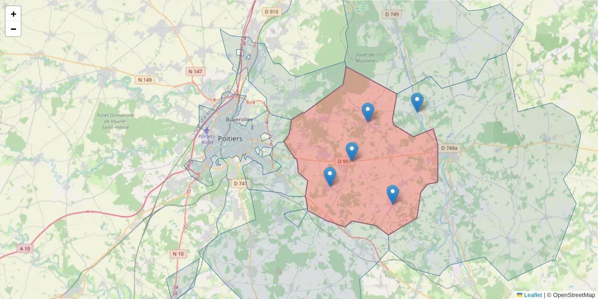 Carte de la zone du code postal  et des codes postaux voisins en France