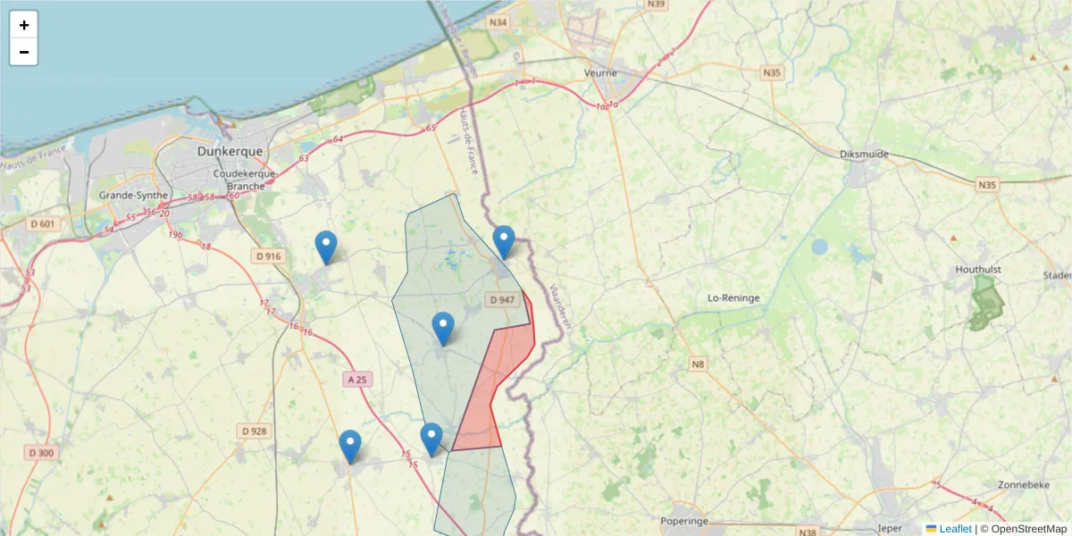 Carte de la zone du code postal  et des codes postaux voisins en France