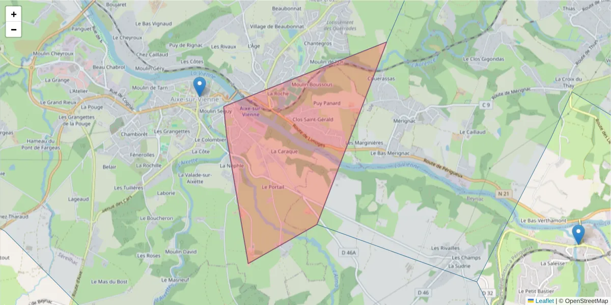 Carte de la zone du code postal  et des codes postaux voisins en France