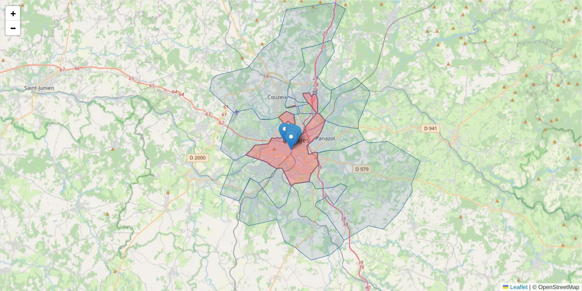 Carte de la zone du code postal  et des codes postaux voisins en France