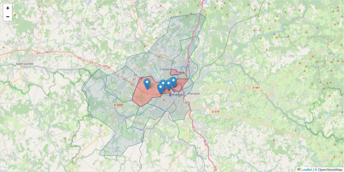Carte de la zone du code postal  et des codes postaux voisins en France