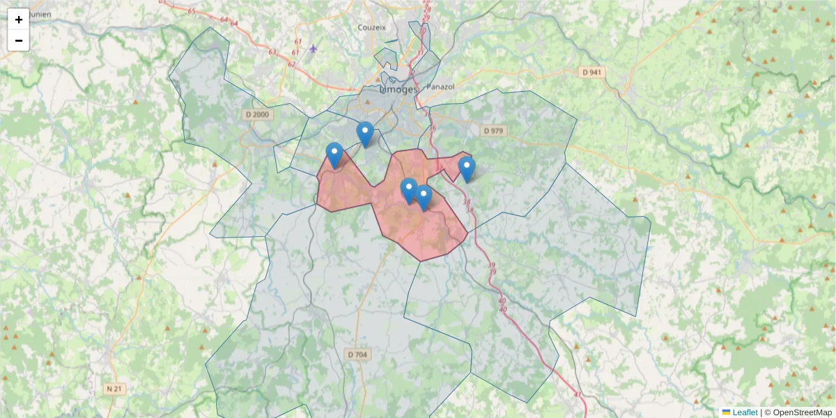 Carte de la zone du code postal  et des codes postaux voisins en France