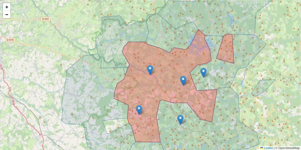 Carte de la zone du code postal  et des codes postaux voisins en France