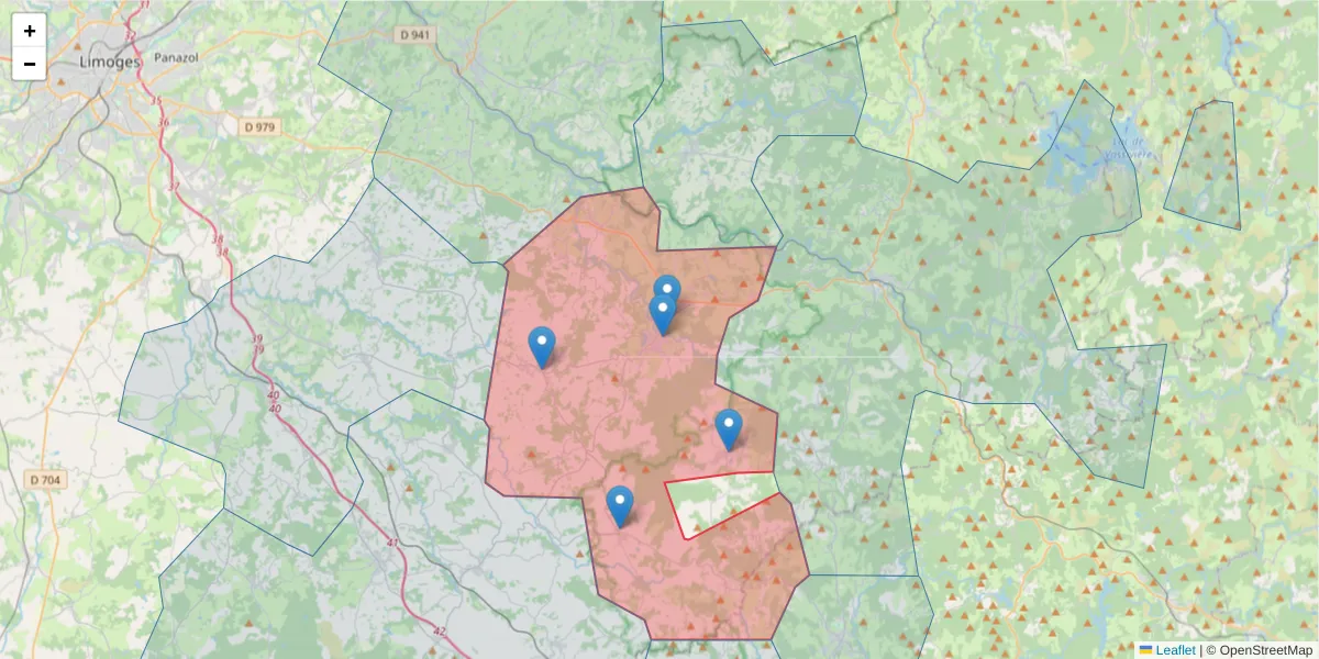 Carte de la zone du code postal  et des codes postaux voisins en France
