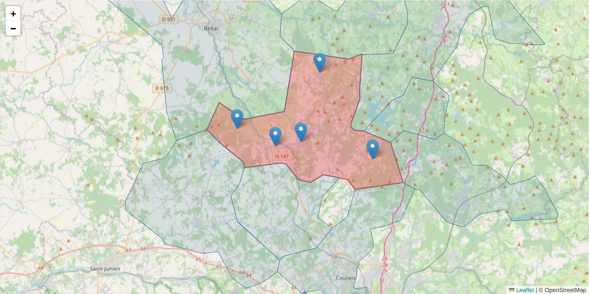 Carte de la zone du code postal  et des codes postaux voisins en France