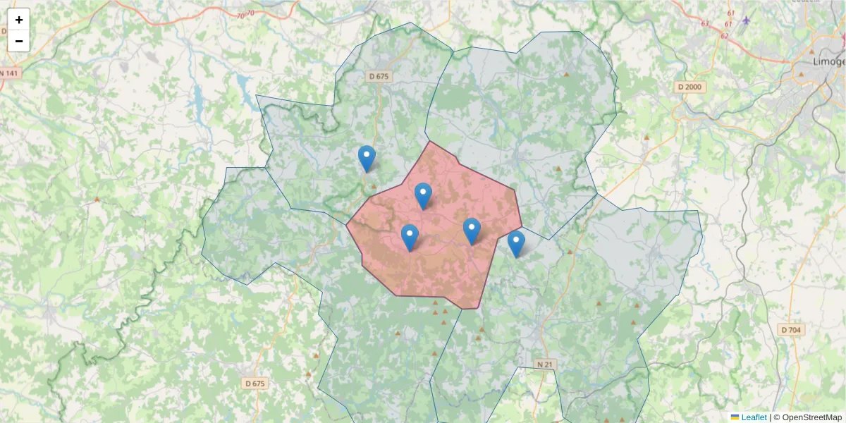 Carte de la zone du code postal  et des codes postaux voisins en France
