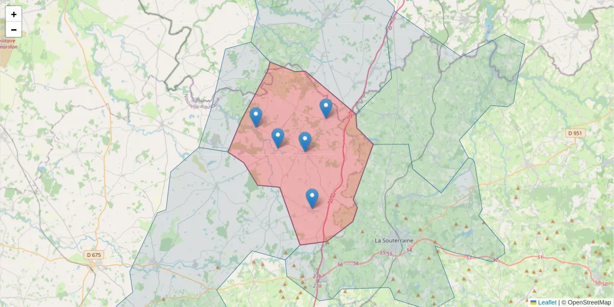 Carte de la zone du code postal  et des codes postaux voisins en France