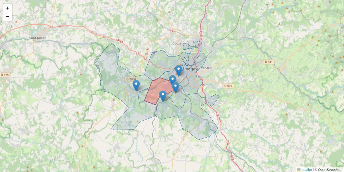 Carte de la zone du code postal  et des codes postaux voisins en France