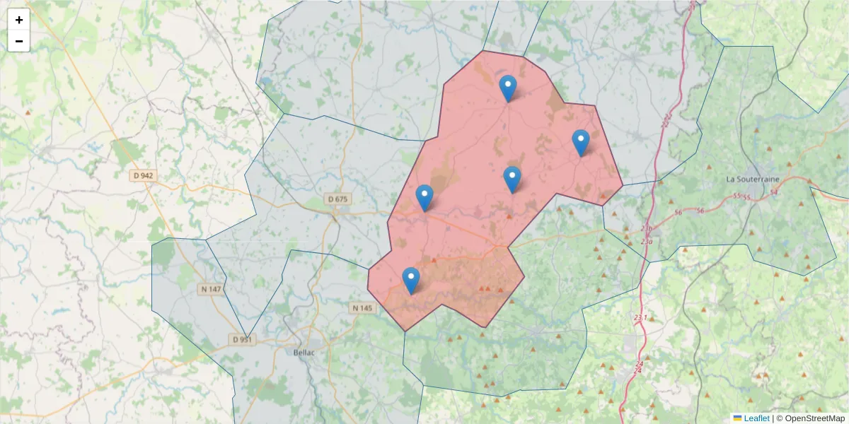Carte de la zone du code postal  et des codes postaux voisins en France