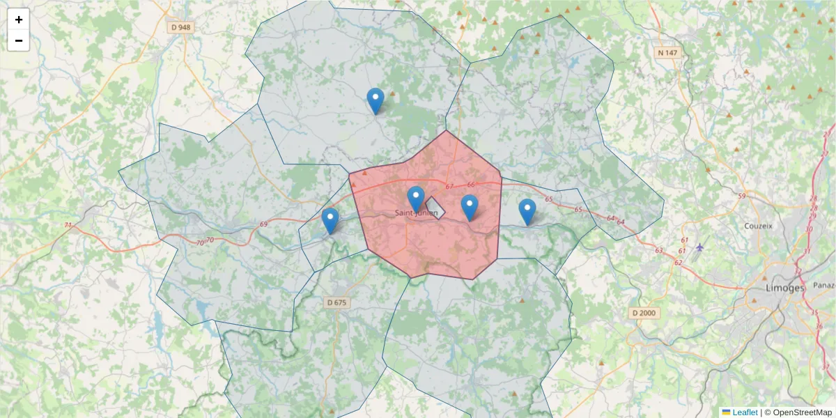 Carte de la zone du code postal  et des codes postaux voisins en France