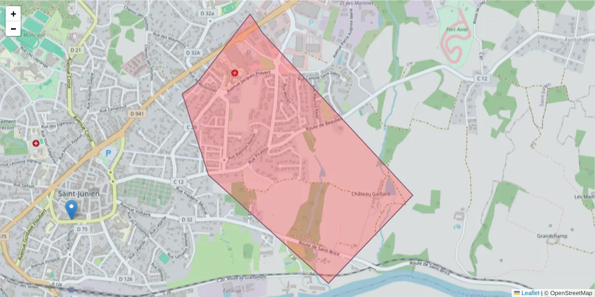 Carte de la zone du code postal  et des codes postaux voisins en France