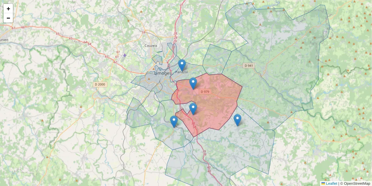 Carte de la zone du code postal  et des codes postaux voisins en France