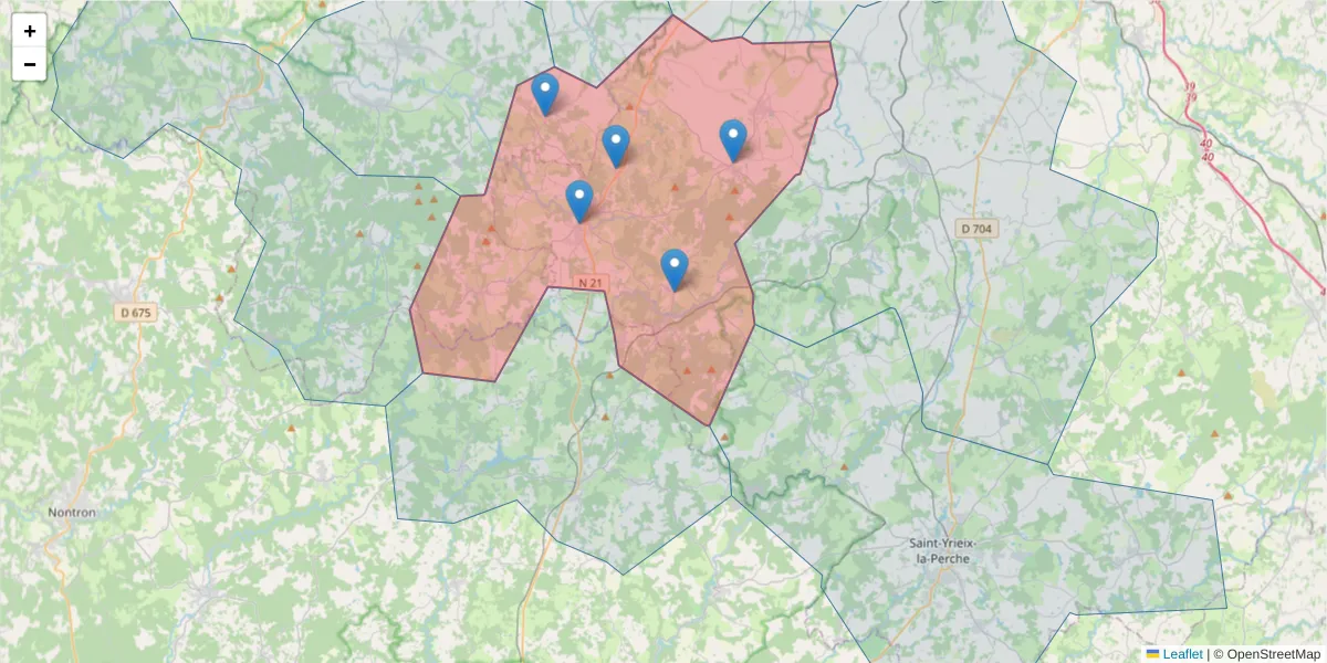 Carte de la zone du code postal  et des codes postaux voisins en France