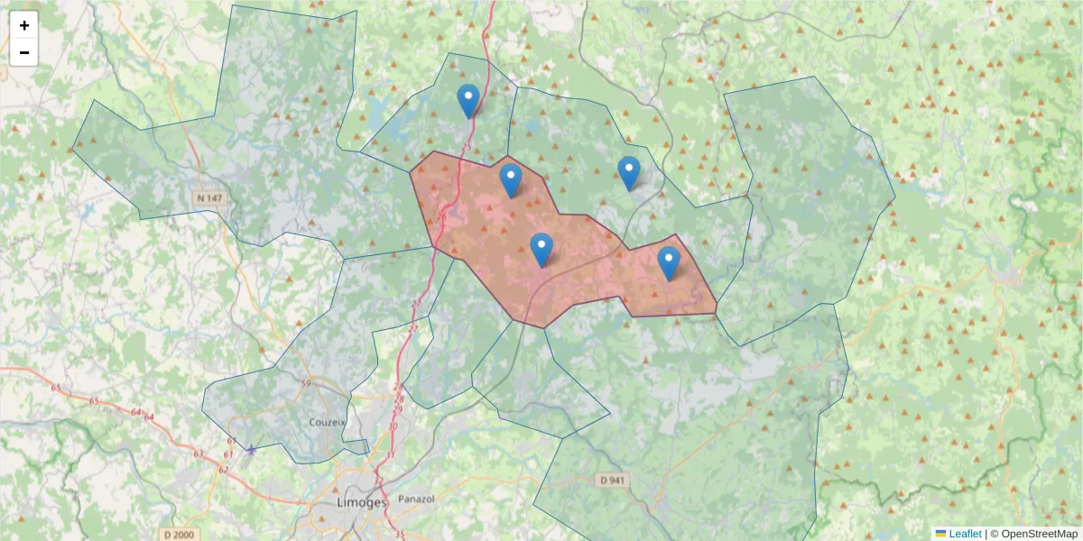 Carte de la zone du code postal  et des codes postaux voisins en France