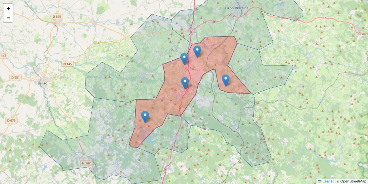 Carte de la zone du code postal  et des codes postaux voisins en France