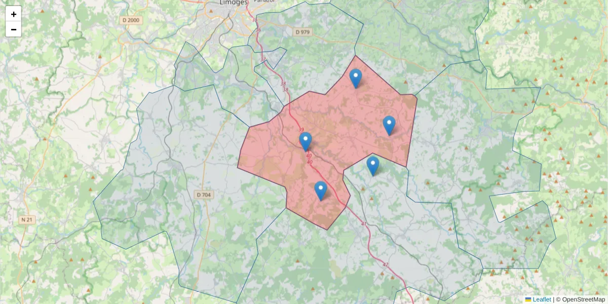 Carte de la zone du code postal  et des codes postaux voisins en France
