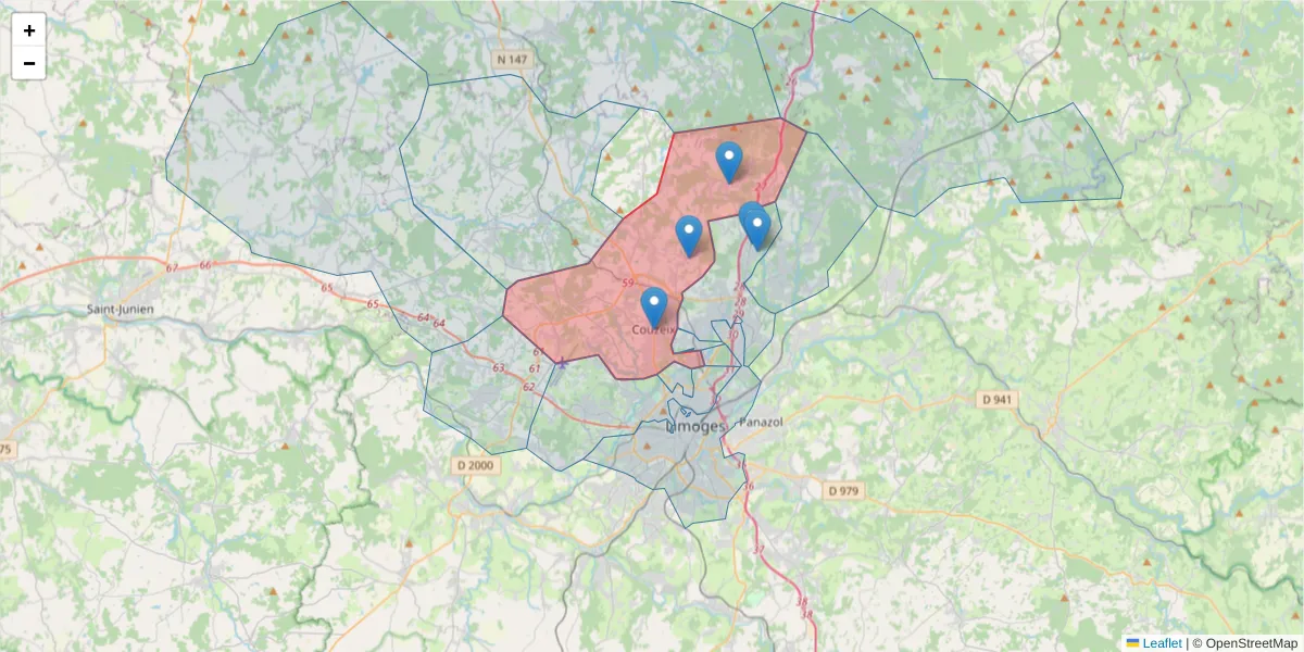 Carte de la zone du code postal  et des codes postaux voisins en France