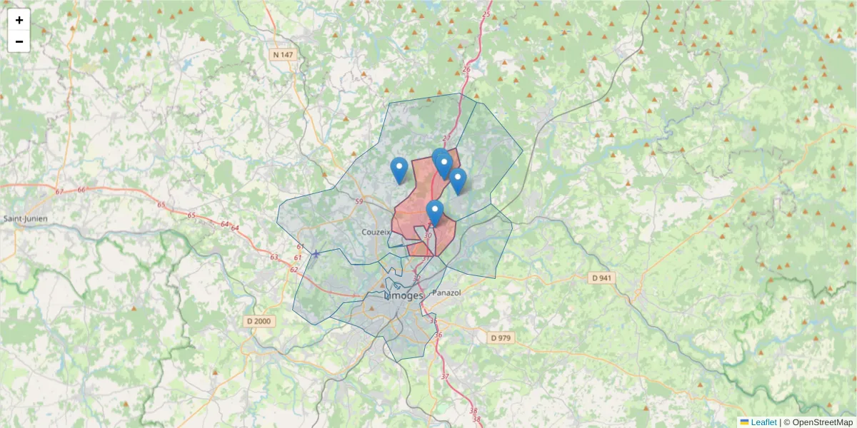 Carte de la zone du code postal  et des codes postaux voisins en France