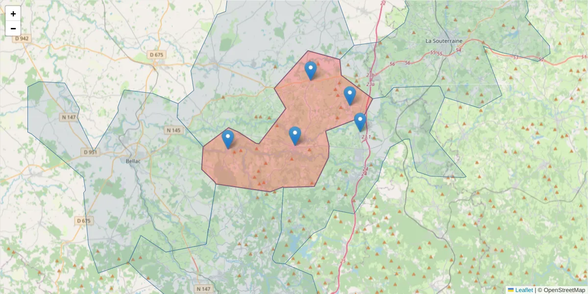 Carte de la zone du code postal  et des codes postaux voisins en France