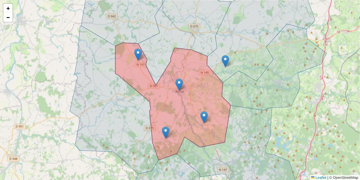 Carte de la zone du code postal  et des codes postaux voisins en France