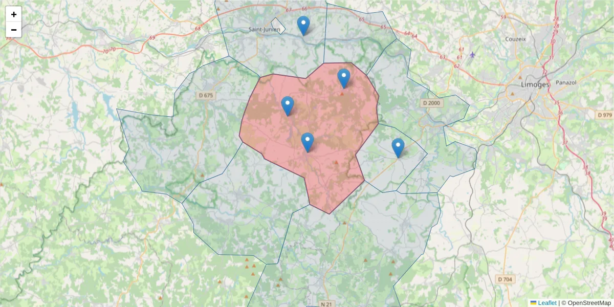 Carte de la zone du code postal  et des codes postaux voisins en France