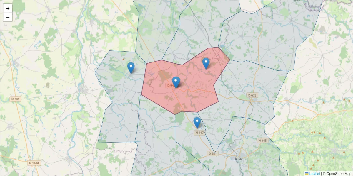 Carte de la zone du code postal  et des codes postaux voisins en France