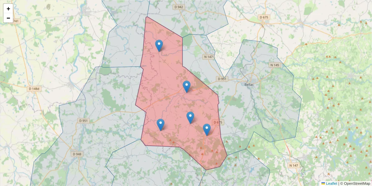 Carte de la zone du code postal  et des codes postaux voisins en France
