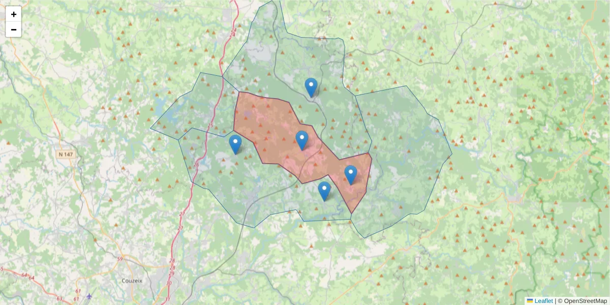 Carte de la zone du code postal  et des codes postaux voisins en France