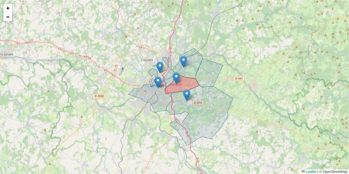 Carte de la zone du code postal  et des codes postaux voisins en France