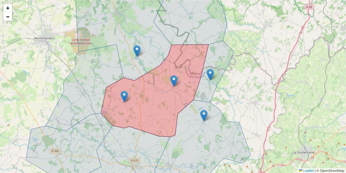Carte de la zone du code postal  et des codes postaux voisins en France