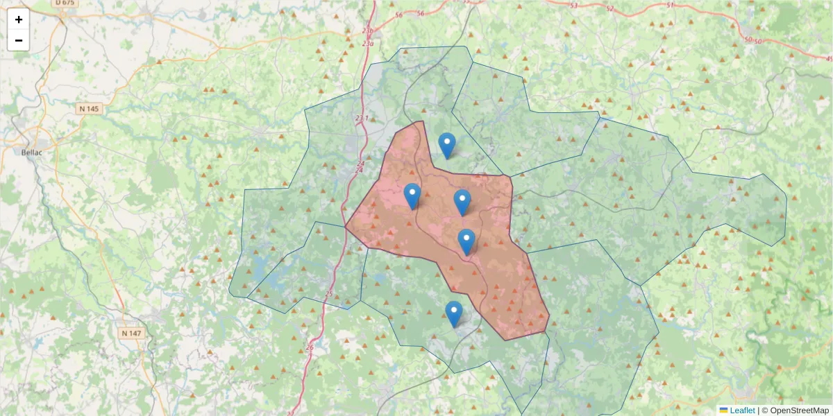 Carte de la zone du code postal  et des codes postaux voisins en France