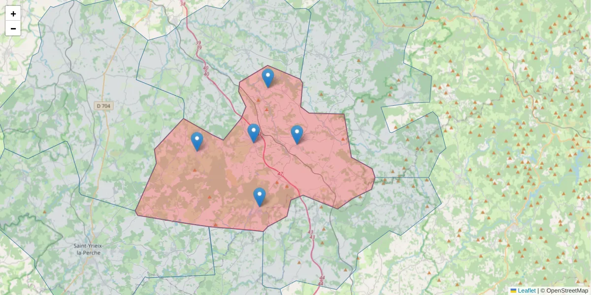 Carte de la zone du code postal  et des codes postaux voisins en France