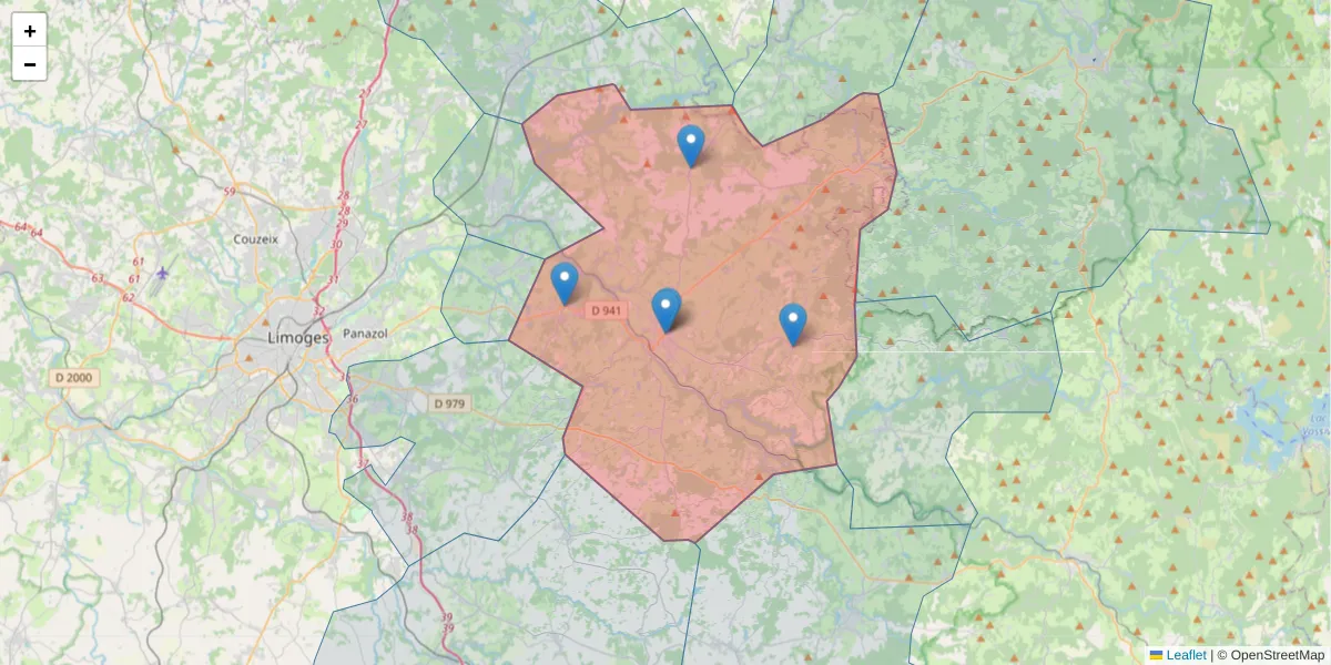 Carte de la zone du code postal  et des codes postaux voisins en France